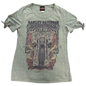 Harley-Davidson Top Womens M Green‎ Studded American Pride Milwaukee Tie Sleeves